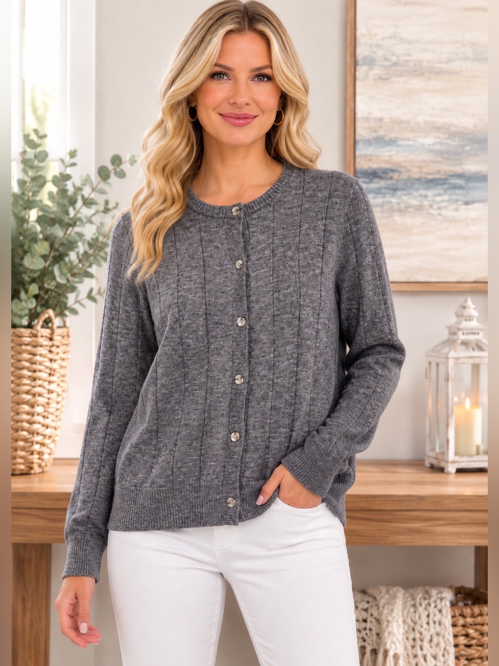 Commense Gray Button-Front Cable Cardigan